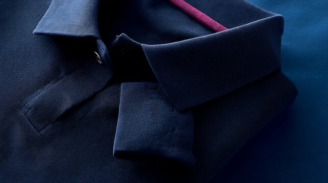 Closeup of a navy blue polo shirt emphasizing precision, focus, and dedication