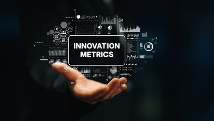 Obraz premium Hand Displaying Innovative Metrics with Graphic Elements Representing Data and Analysis for Business Progress and Success. Asymptotic smart data analytic.