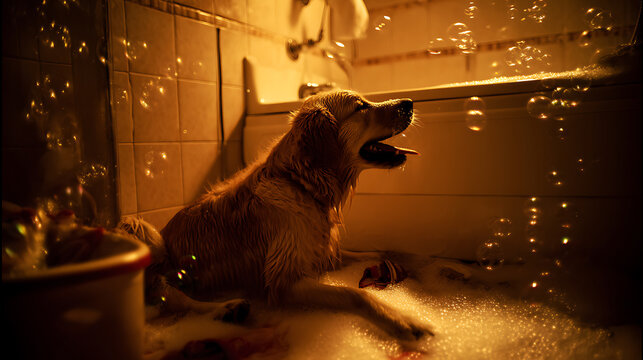 Dog taking a bubble bath in a tub emphasizing precision, focus, and dedication