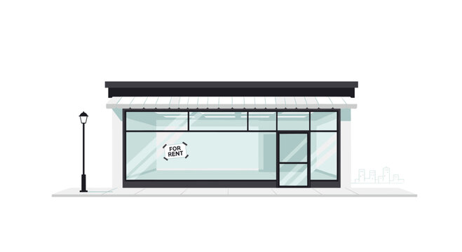 An empty modern commercial storefront with large glass windows and a black awning displays a prominent for rent sign on the pristine white background.