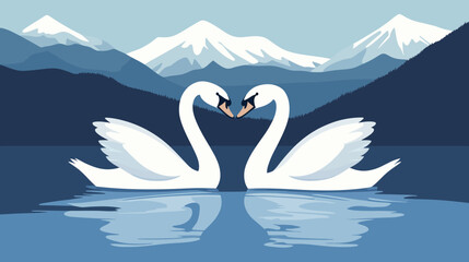 Fototapeta premium Pixelated artwork showcasing two white swans with necks forming a heart shape, reflecting in water with mountains