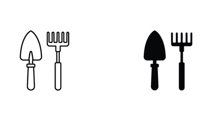 Garden shovel and rake icon set for landscaping and gardening tasks in clean black vector style © Deshi