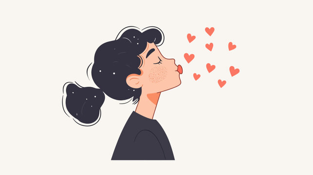 Illustration of a woman blowing kisses. Pink hearts emerge from her puckered lips
