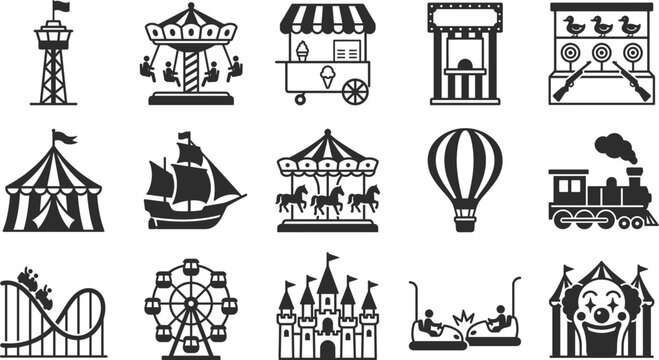 Amusement park icons set, carnival rides, circus tents and fair attractions, black vector collection for entertainment, festival, theme park and fun design use