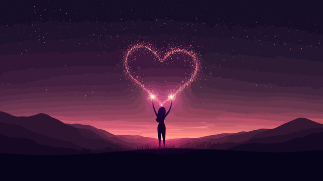 Silhouette of a person creating a sparkling heart over a mountain range during sunset