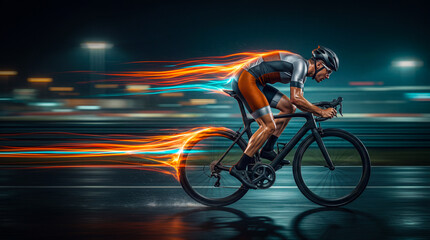 Obraz premium Professional cyclist riding fast with colorful light trails emphasizing speed and endurance. Dynamic sports concept representing fitness, competition, training performance.