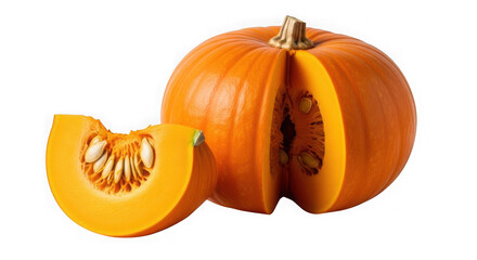 Obraz premium A whole pumpkin with two slices cut out to show the inside isolated on transparent background