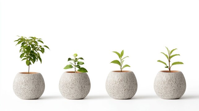 Four small plants in round gray pots on a white background