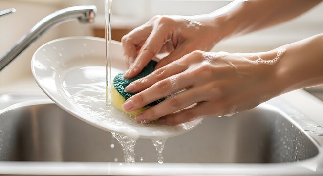 Woman's Hands Washing Dirty Plate with Sponge under Running Water in Kitchen Sink