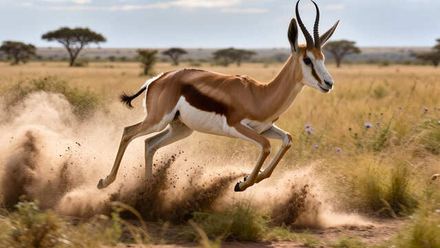 Springbok antelope jumping in the savanna, concept of speed and freedom.