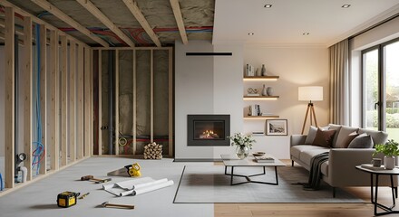 Obraz premium Before and After: Unfinished Basement Renovation to Cozy Living Room with Fireplace
