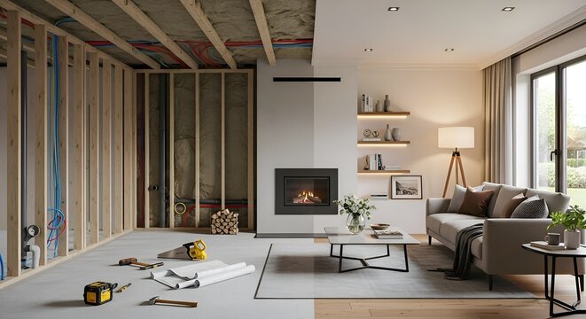 Before and After: Unfinished Basement Renovation to Cozy Living Room with Fireplace