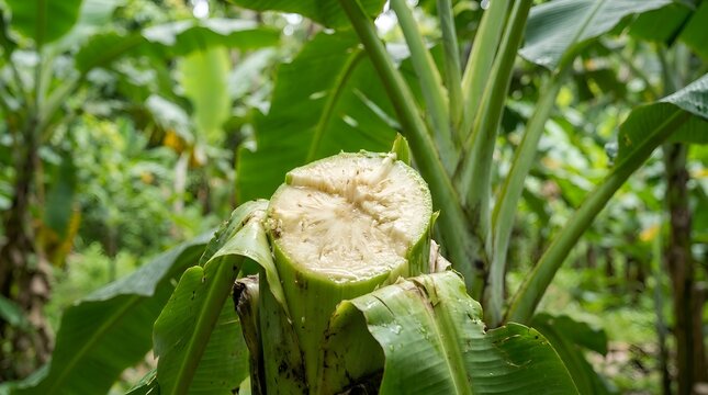 Close-up of a freshly cut banana tree trunk with lush green foliage in the background.