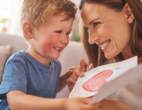 Dziecko (przedszkolak) z dumą wyciąga dłoń z laurką w stronę mamy, mama zadowolona, uśmiechnięta, patrzy na dziecko, zbliżenie na twarze.