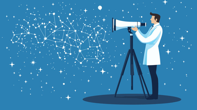 A scientist in a lab coat observes the stars through a telescope set against a starry background