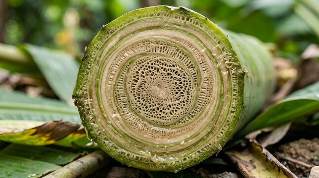 Cross-section of a banana tree trunk showing intricate circular patterns and fibrous texture