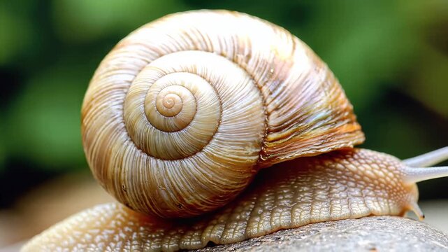 Close-up of a snail with brown shell, nature scene, fauna