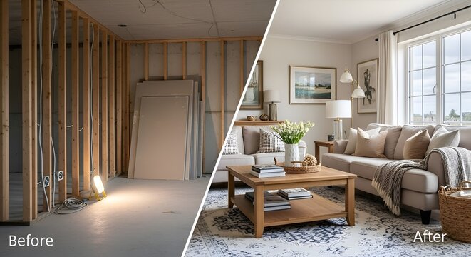 Home Renovation Before and After: Unfinished Basement Transformed into Cozy Living Room