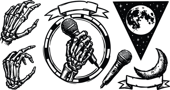 Black and white tattoo flash skeleton hand holding microphone with moon banners