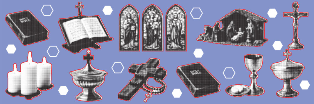 halftone pop art christian religious elements set with bible cross church window chalice and faith symbols collection
