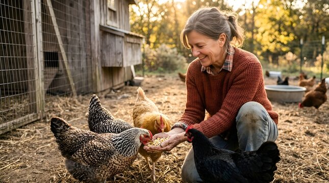 Smiling woman feeding chickens on a farm at sunset, rural lifestyle, organic farming