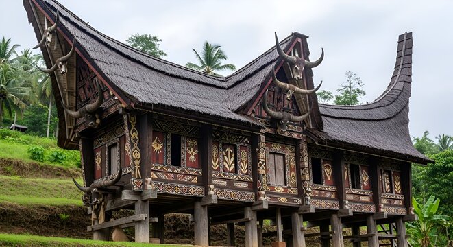 Traditional Batak House with Horns and Ornate Decorations in Sumatra, Indonesia
