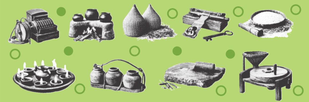 halftone pop art village equipment set with clay pot grinder stove farming tools and rural lifestyle collection