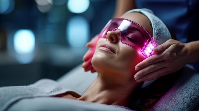 Professional facial skincare treatment with LED mask in modern beauty center