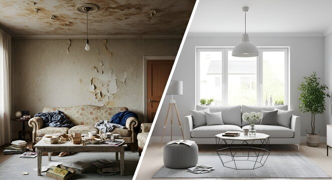 Before and After: Dilapidated Room Transformed into Modern, Bright Living Space