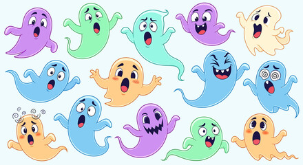 Obraz premium Collection of whimsical, cute, and expressive cartoon ghosts with various emotions perfect for Halloween designs and digital art