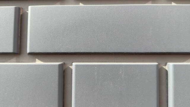 Facade tiles closeup textured grey brick macro shot of rectangular ceramic cladding with granular finish visible grout lines.