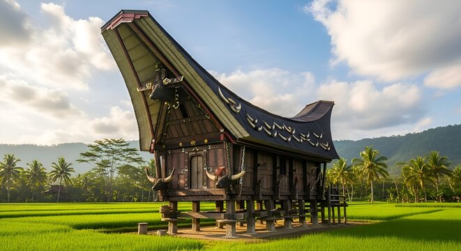 Traditional Tongkonan House in Lush Green Rice Paddies, Toraja, Indonesia