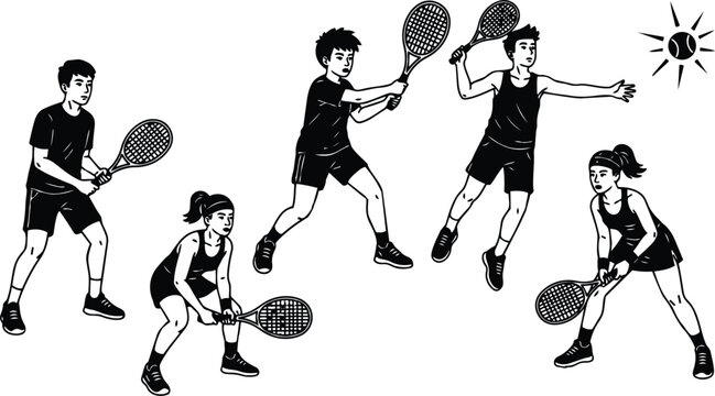 Black and white line art multiple tennis players performing backhand forehand serve and volley actions