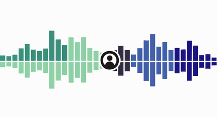 Fototapeta premium Abstract digital audio equalizer bars with a central user avatar, symbolizing sound, voice, communication, podcasting, and online media interaction.