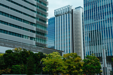 Obraz premium Modern office buildings with green park, Japan