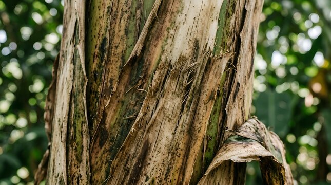 Close-up of rough textured banana tree trunk with peeling bark and green foliage background