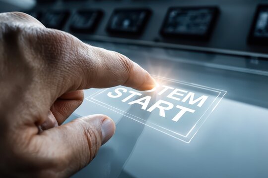 Close-up of a finger pressing the glowing 'START SYSTEM' button on a futuristic digital interface.