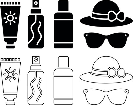 Collection of summer vacation essentials including sun protection products and accessories