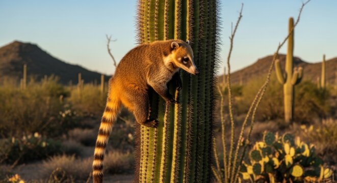 A Cute Coati Climbing A Giant Saguaro Cactus In The Arizona Desert