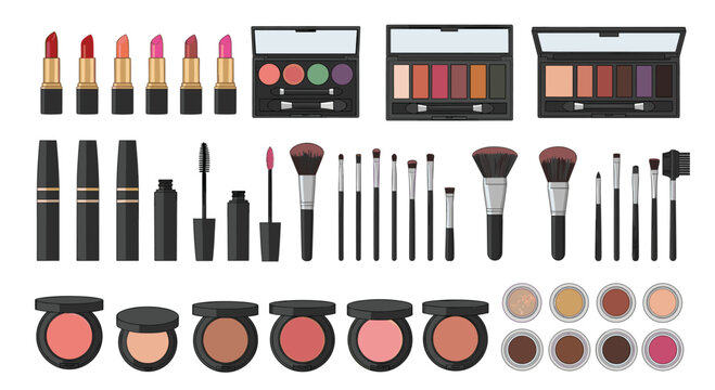 A comprehensive and organized grid layout showcases a vast array of professional makeup tools including numerous brushes, lipsticks, and eyeshadow palettes.
