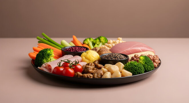 A vibrant and appetizing snack platter presents a balanced mix of vegetables, proteins and grains. Perfect for showcasing healthy eating, mindful snac