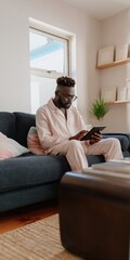 Obraz premium Black man using tablet seated on living room sofa near window