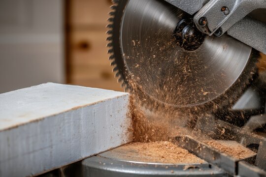 Close-up of a miter saw blade cutting through a white wooden plank, creating sawdust.