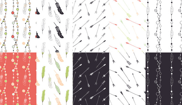 Seamless Patterns Featuring Arrows and Feathers background