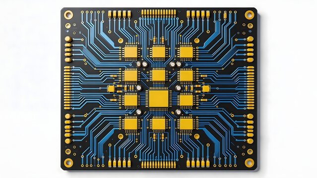 Circuit board with blue and yellow components