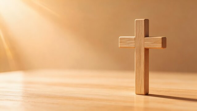 Wooden cross on table with sunlight