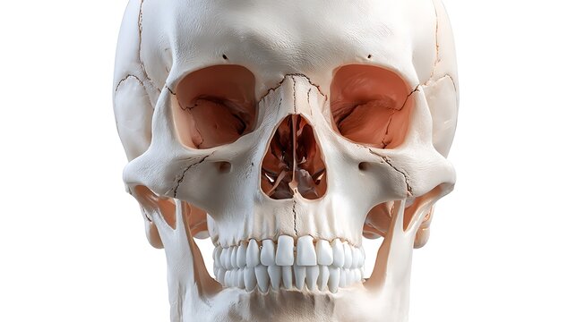 Detailed human skull anatomy model in frontal view with highlighted facial bones and eye sockets