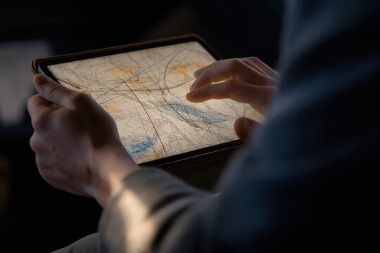 Close-up of hands interacting with a digital tablet displaying an aviation chart, planning a flight route.