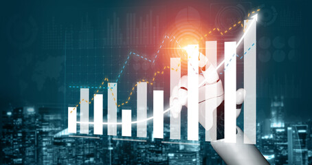 Fototapeta premium A dynamic business growth concept featuring a hand pointing at rising graphs and charts, symbolizing success and progress in a digital city environment. Impute