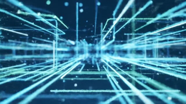 Smooth, eye-level tracking video glides through an intricate, abstract digital network of glowing lines and pulsing data particles, casting cool blue, crisp white, and ethereal green light, embodying